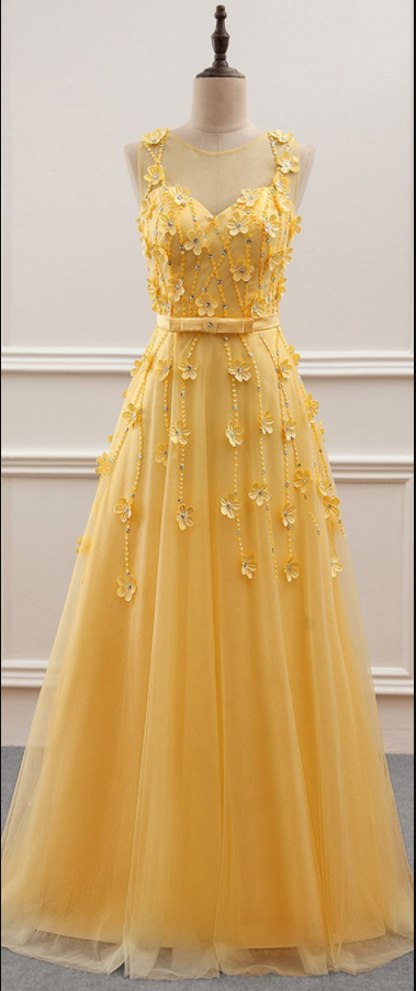 Yellow Floral Tulle Party Gowns, Yellow Junior Prom Dress, Lovely Formal Dress