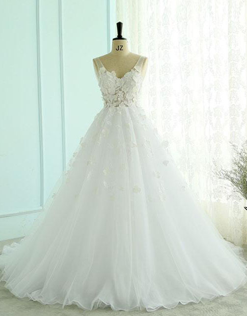 Charming Sleeveless V Neck Tulle Prom Dress With Appliques,long Wedding Dress,bridal Dress, Custom Made Formal Dress