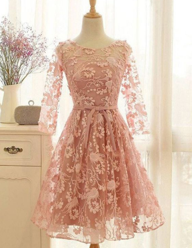 Knee-length Long Sleeves Scoop Dusty Pink Lace Homecoming Gown,a-line Homecoming Dresses With Belt,cute Grad Dress,graduation Dress,grad Dresses