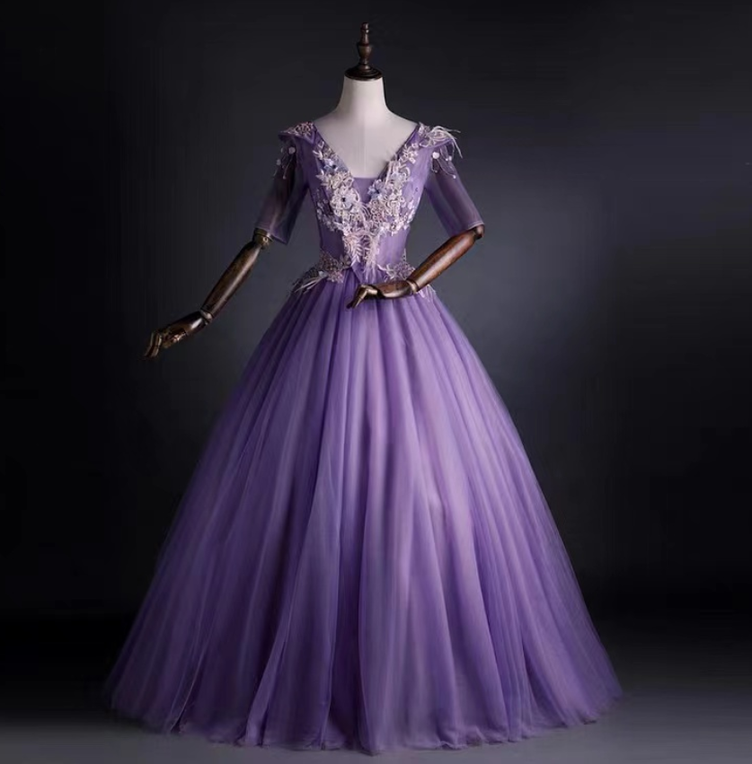 New, purple evening dress, V-neck applique prom dress,Custom Made