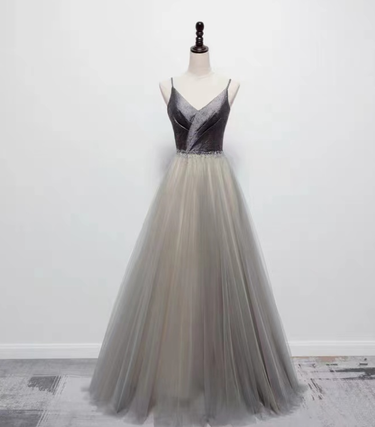 Spaghetti strap evening dress,,Senior gray prom dress,custom made