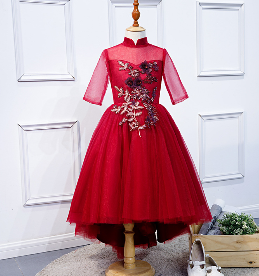 Princess Dress Girl, Evening Dress Style, Red Bouffant Gauze, Wedding Dress For Children