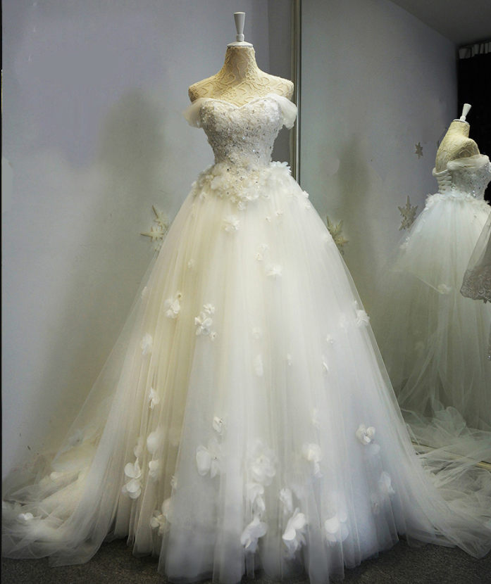Ivory Wedding Dress, Handmade Flowers Wedding Dress, A Line Wedding Dress, Cap Sleeve Wedding Dress, Crystals Wedding Dress, Vestido De Novia,