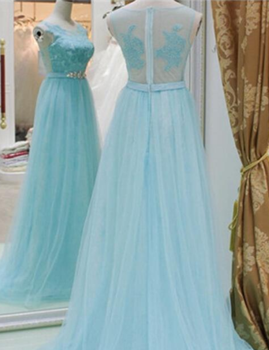 Baby Blue A Line Tulle Prom Dresses Long V Neck Party Dresses See Through Back Evening Dresses Floor Length Formal Gowns With Appliques