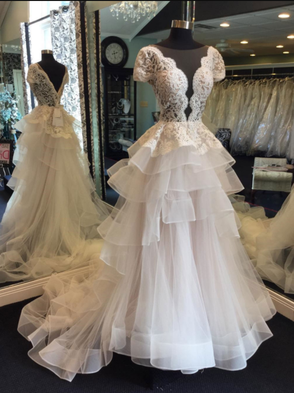 A-line Princess Deep V/illusion Neck Sleeveless Chapel Train Bridal Dress
