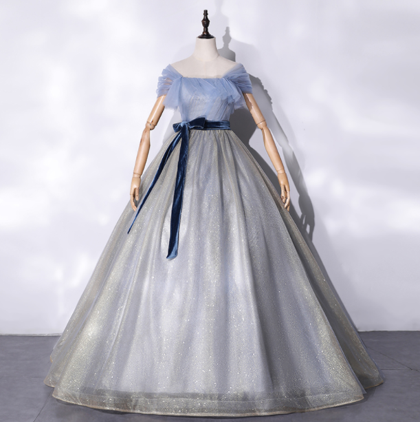 Blue Bubble Sleeve Banquet Annual Meeting Show Wedding Dress Fluffy Skirt Evening Dress