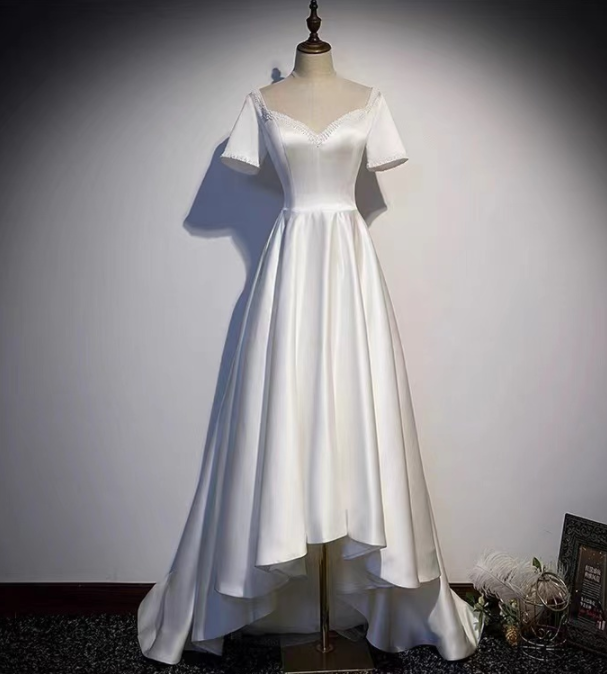 White Evening Dress, Socialite Satin Dress, Light Luxury High Low Dress,custom Made