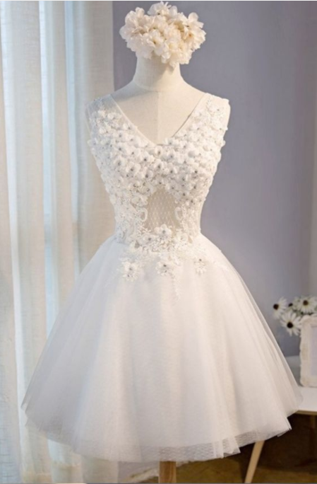 Elegant Tulle Prom Dress, Short Homecoming Dress, White Pearls Prom Gowns