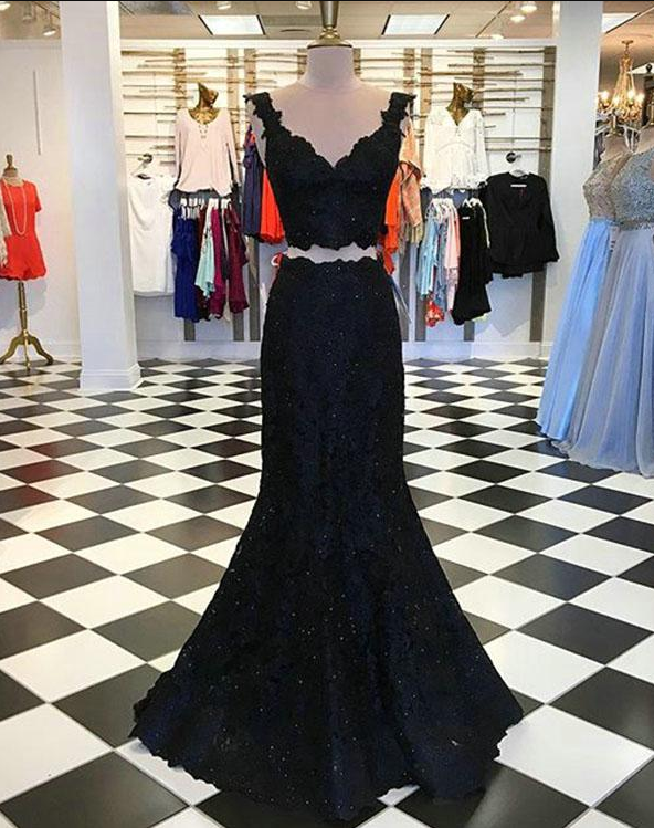 Sexy Sleeveless Prom Dress, Appliques Black Lace Prom Dresses, Long Evening Dress
