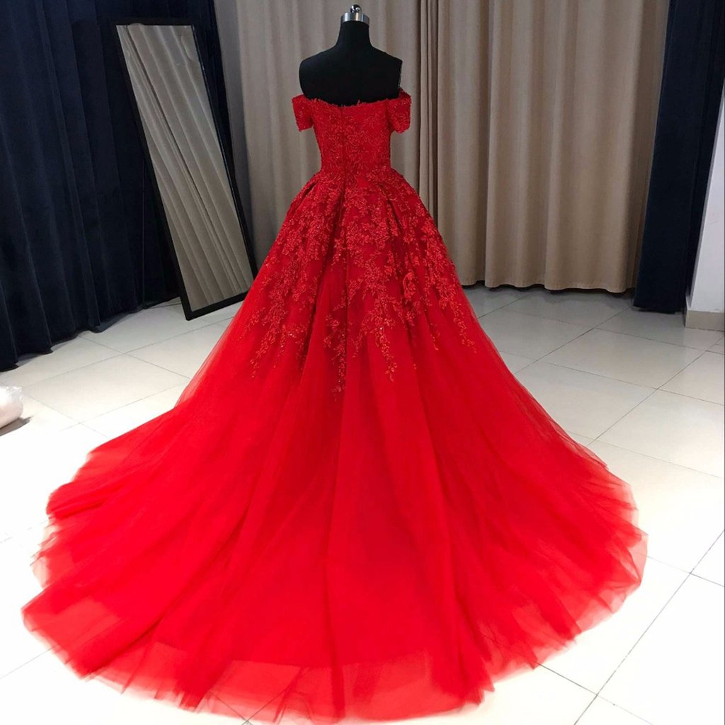 Off-the-shoulder Ruffle Tulle Sweep Train Dress Red main image 1