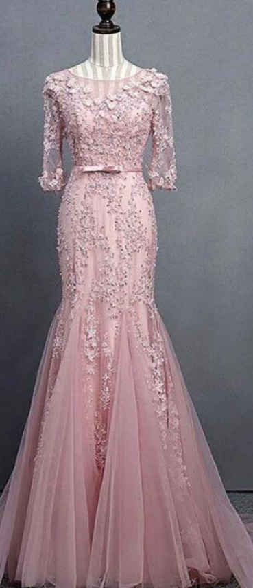 Pink Round Neck Tulle Lace Mermaid Long Prom Dress, Pink Evening Dress