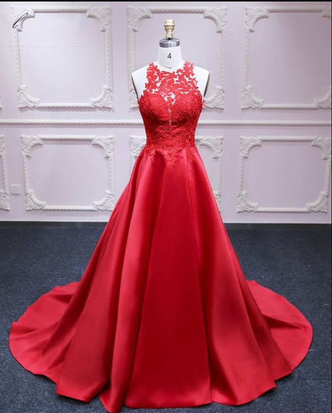 Red Satin Prom Dresses,formal Dress,a-line Prom Dress, Lace Appliques Evening Dresses