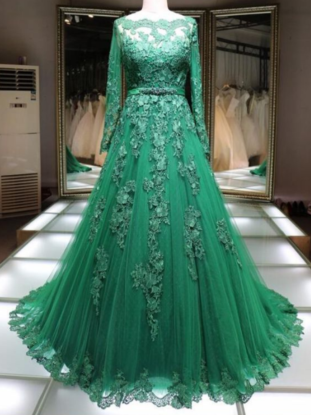 Lace Boat Neck Floor Length Handmade Formal Evening Dress With Long Sleeve