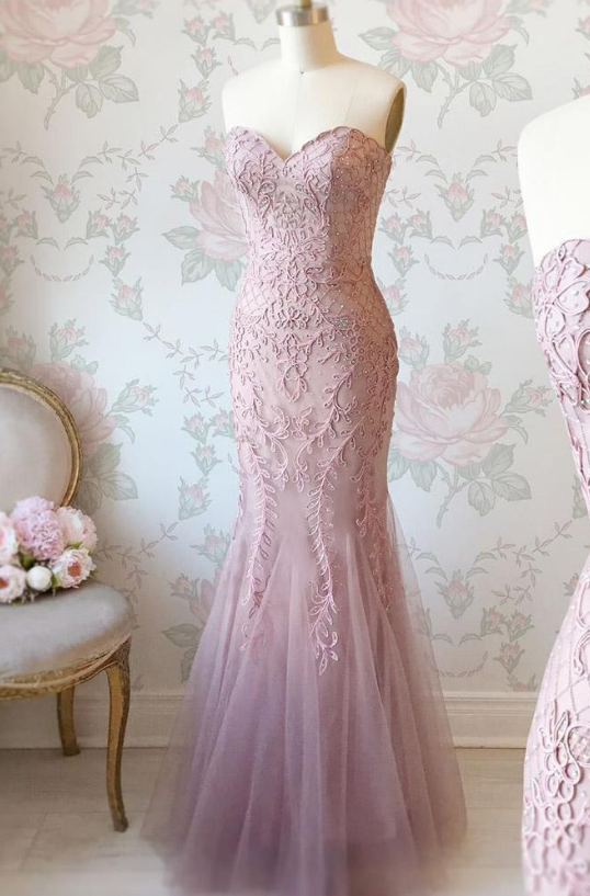 Mermaid Sweetheart Appliques Pink Prom Dress With Beading