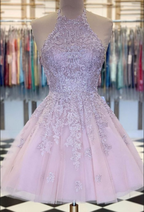 Pink High Neck Tulle Lace Short Prom Dress, Pink Evening Dress