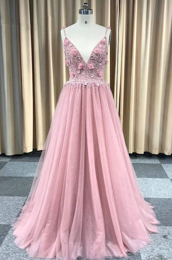 Blush Pink Prom Dresses, Spaghetti Strap Tulle Party Dress, A Line V Neck Evening Dresses