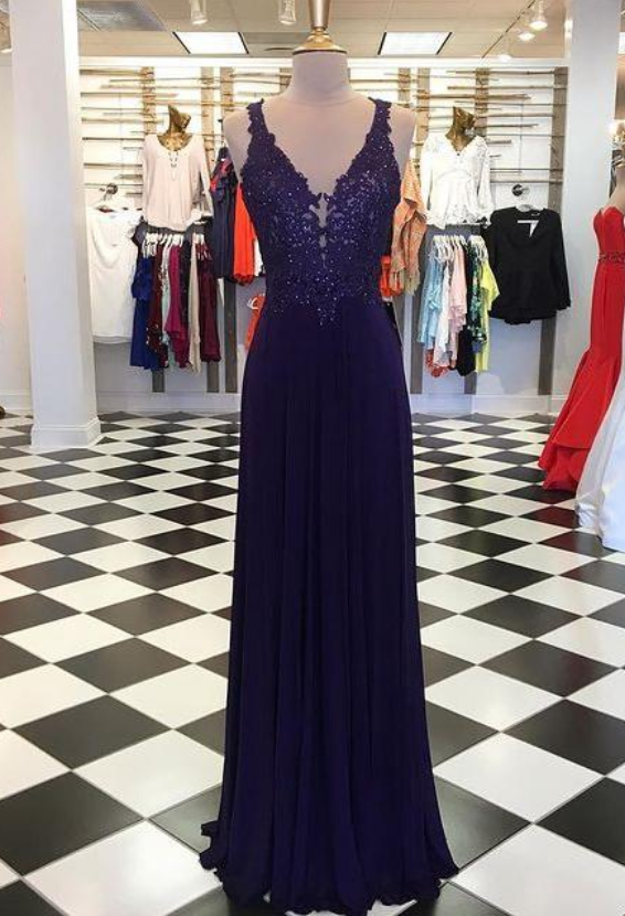 V-neck Long Prom Dresses With Appliques And Beading,formal Dress,dance Dresses,