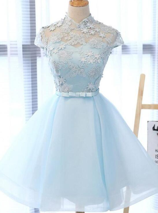 Light Sky Blue Short Homecoming Dress Thigh Neck Prom Dress
