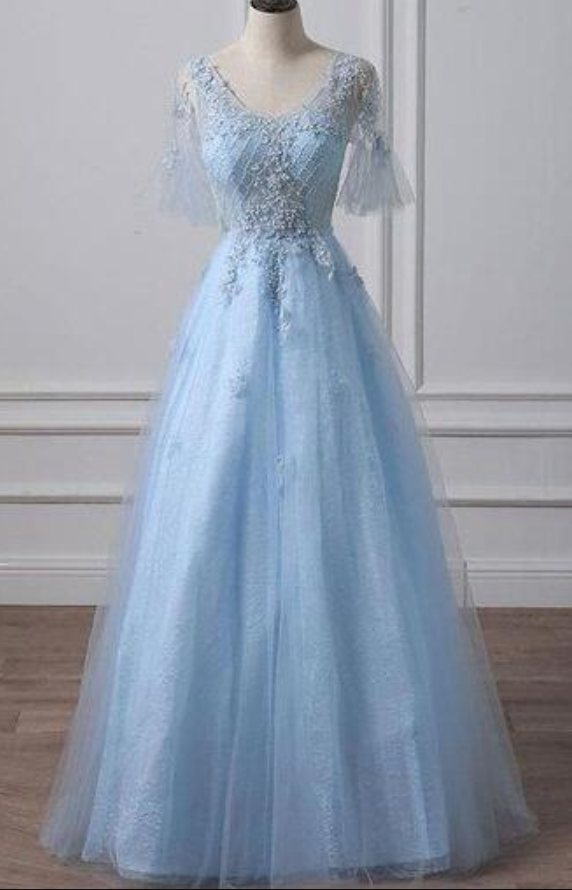 Blue Tulle Long Formal Prom Dress With Applique