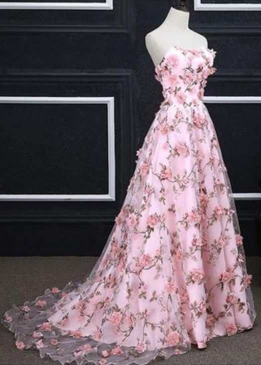 Pink Prom Dresses ,a-line Strapless Evening Dress, 3d Floral Long Prom Dress ,elegant Party Dress