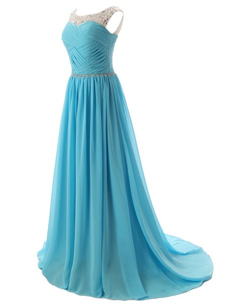 A-line Prom Dresses Scoop Sleeveless Evening Dresses Backless Crystals Chiffon Sash Long Party Gowns Sweep Train Women Formal Gowns