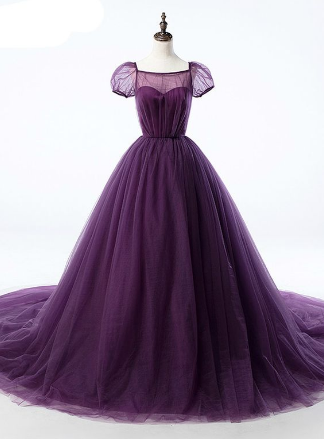 Purple Ball Gown Tulle Short Sleeve Backless Train Wedding Dress