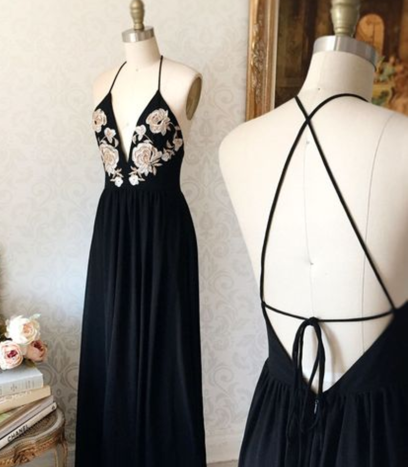 Floral Embroidered Black Chiffon Plunge V Tie Back Floor Length A-line Formal Dress Featuring Criss-cross Open Back, Prom Dress