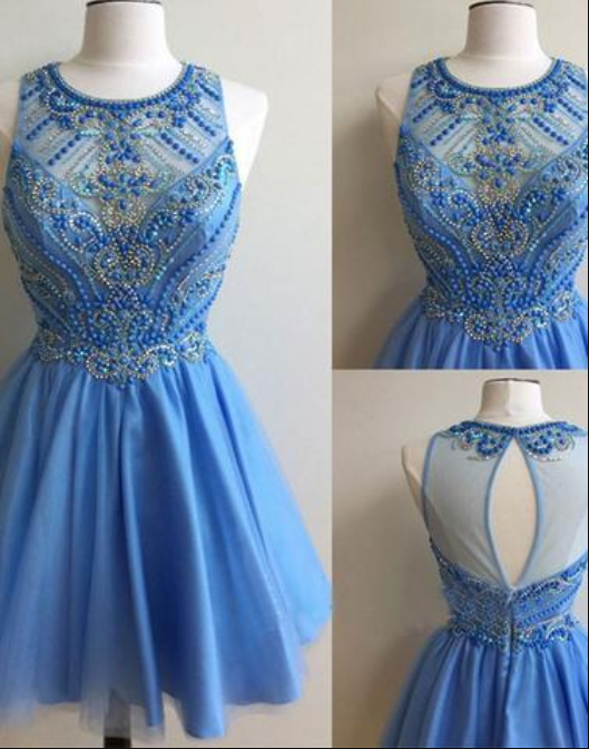 Blue Beaded Embellished Crew Neck Sleeveless Short Homecoming Dress Featuring Keyhole Back, Formal Dress