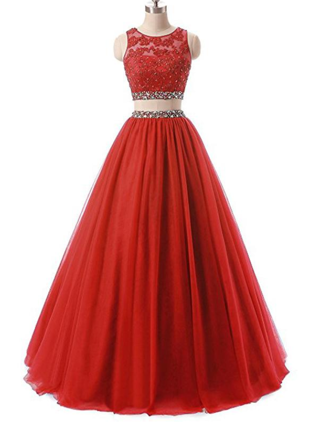 Red Two Pieces Rhinestone Tulle A-line Long Evening Prom Dresses