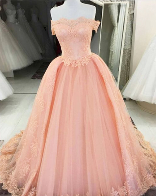 Princess Pink Tulle Off Shoulder Long Prom Dress, Appliques Pink Evening Dress