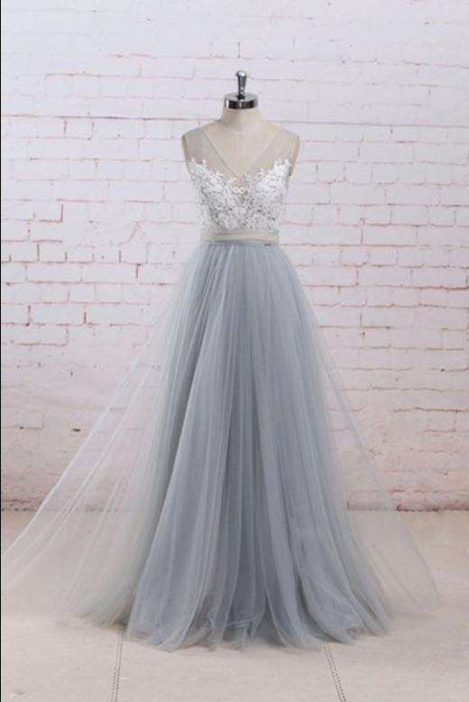 Gray Tulle Long Appliques V Neck Senior Prom Dress 2025 on Luulla