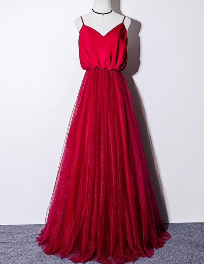 strapless open back dress Red Tulle A Line Off-The-Shoulder Simple Prom Dresses PL559