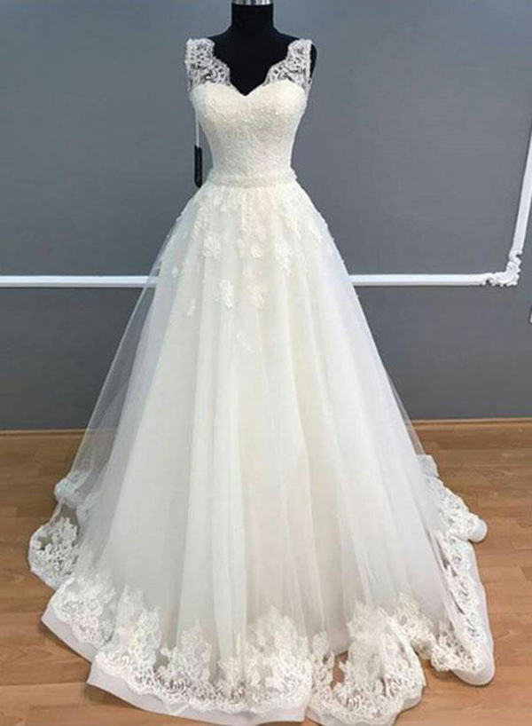 Elegant A-line V-neck Sleeveless White Long Bridal Gowns Wedding Dress With Lace