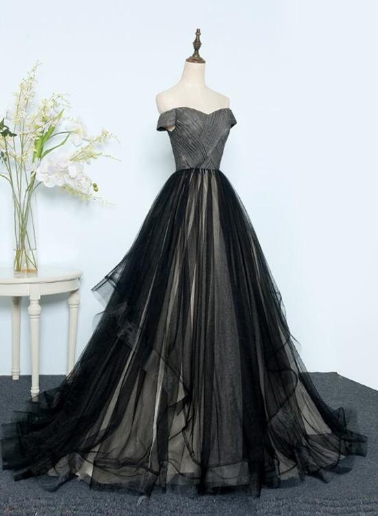 Beautiful Black Tulle Off Shoulder Floor Length Gown, Black Evening Dresses