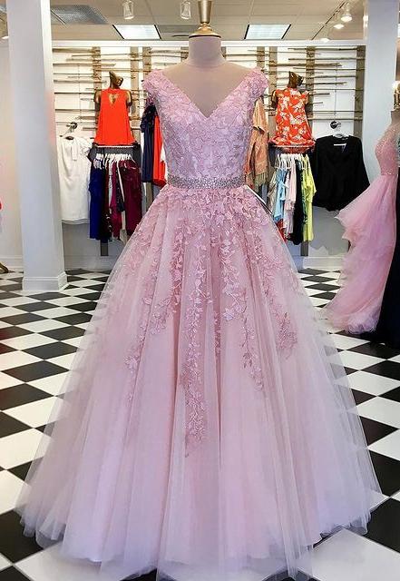 Tulle Long Prom Dresses With Appliques And Beading,formal Dress,dance Dresses