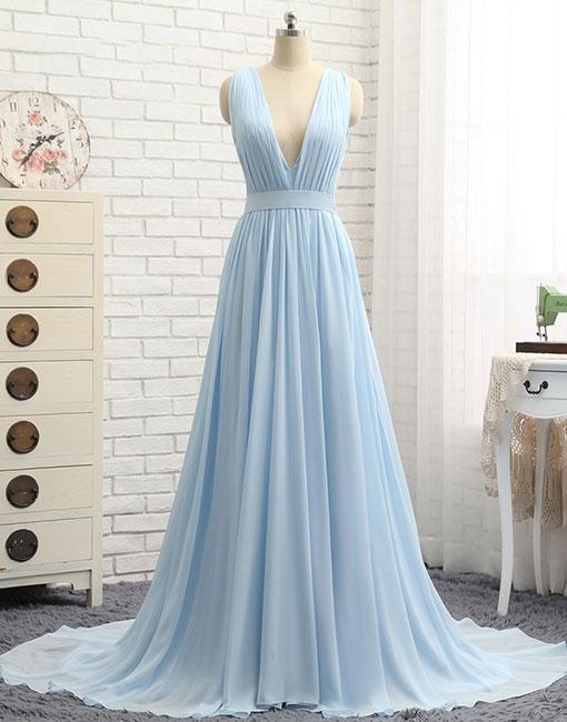 Simple Blue V Neck Chiffon Prom Dresses Long 2025 , Blue Evening Dress