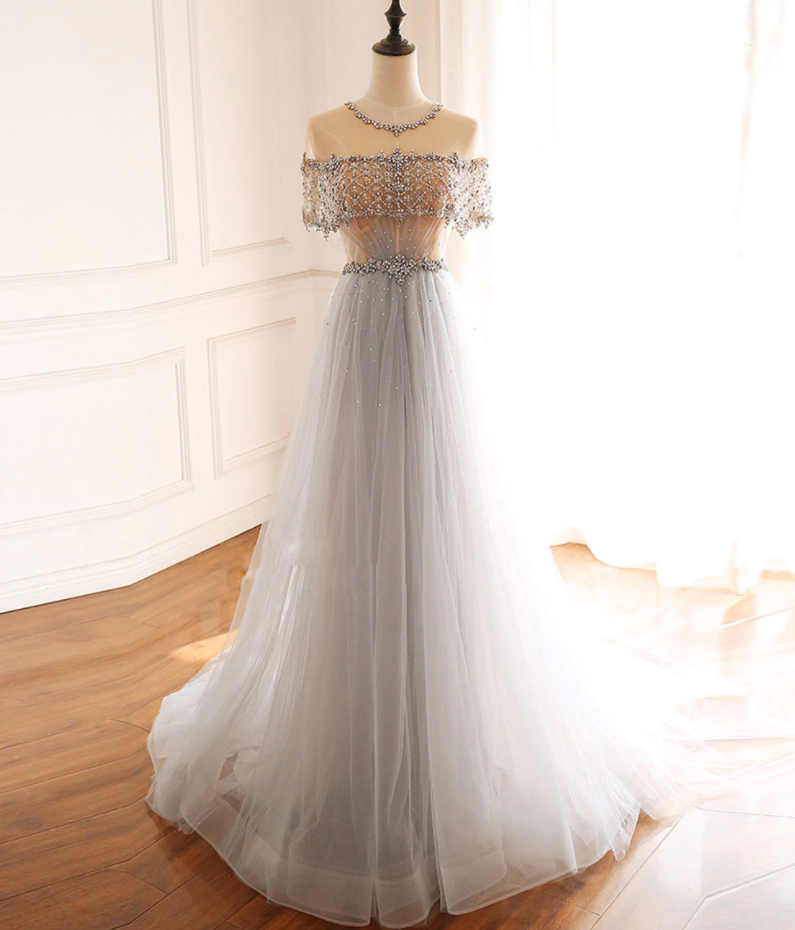 Prom Dresses, Round Neck Tulle Beads Long Prom Dress Forma Ldress