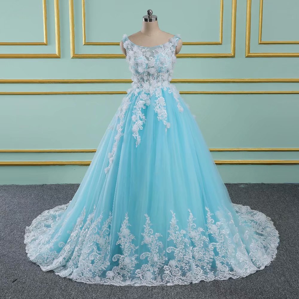 Blue Floral Prom Dresses Tulle Lace Appliques Sheer Neck Princess Ball Gown Vintage Evening Dress
