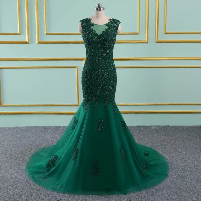Floor Length Prom Dresses Tulle Beaded Appliques Mermaid Dark Green Vintage Evening Dress