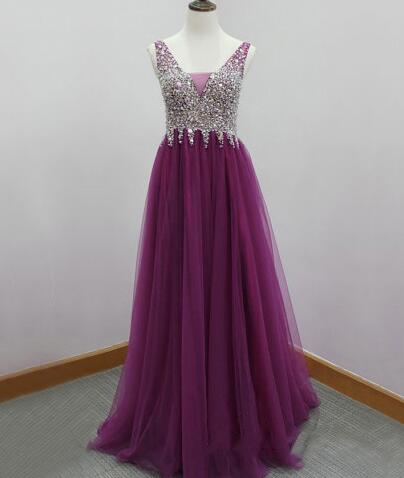 Tulle A-line Prom Dress,long Evening Dress,beading Prom Dress ,charming Prom Dress