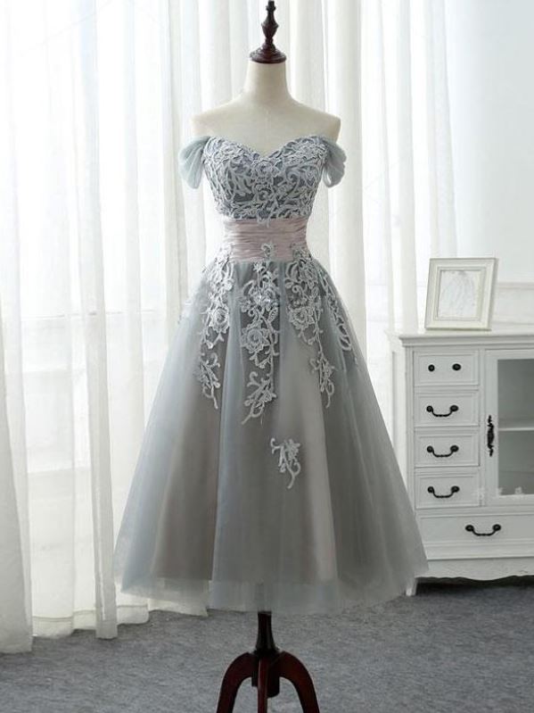 Off-the-shoulder Homecoming Dress Short A-line Tulle Gray Sleeveless Prom Dress