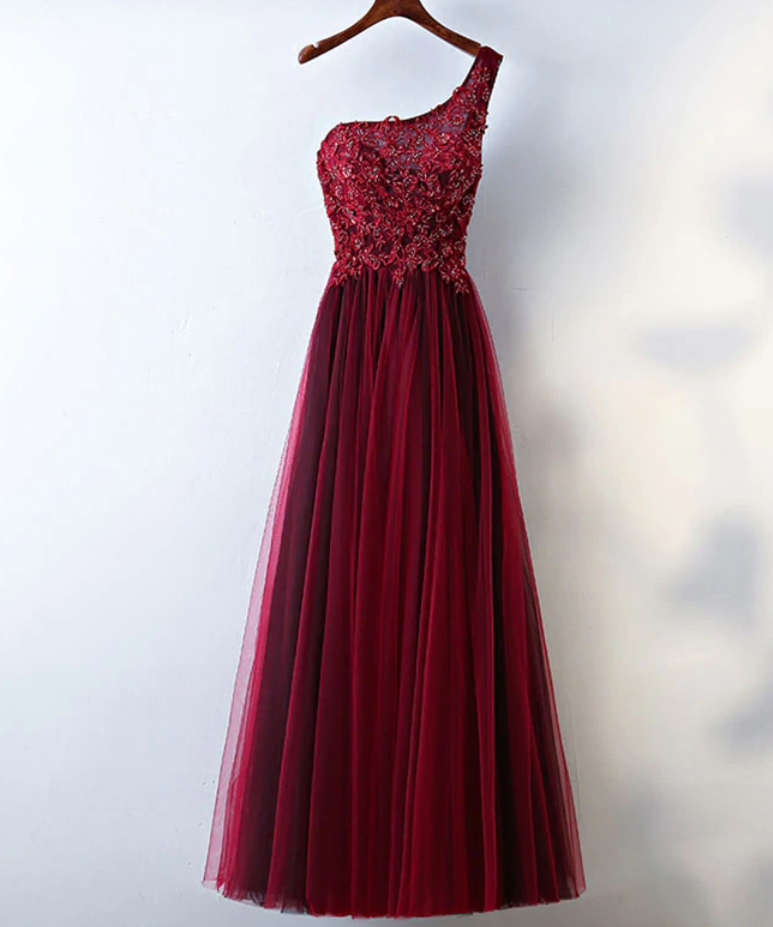 Prom Dresses, One Shoulder Long Prom Dress, Lace Evening Dress
