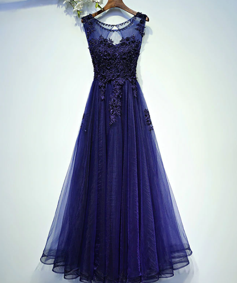 Prom Dresses,round neck lace tulle long prom dress, evening dress