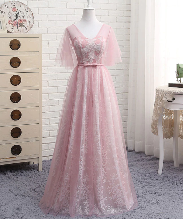 Prom Dresses, A Line V Neck Lace Tulle Long Prom Dress, Lace Evening Dress