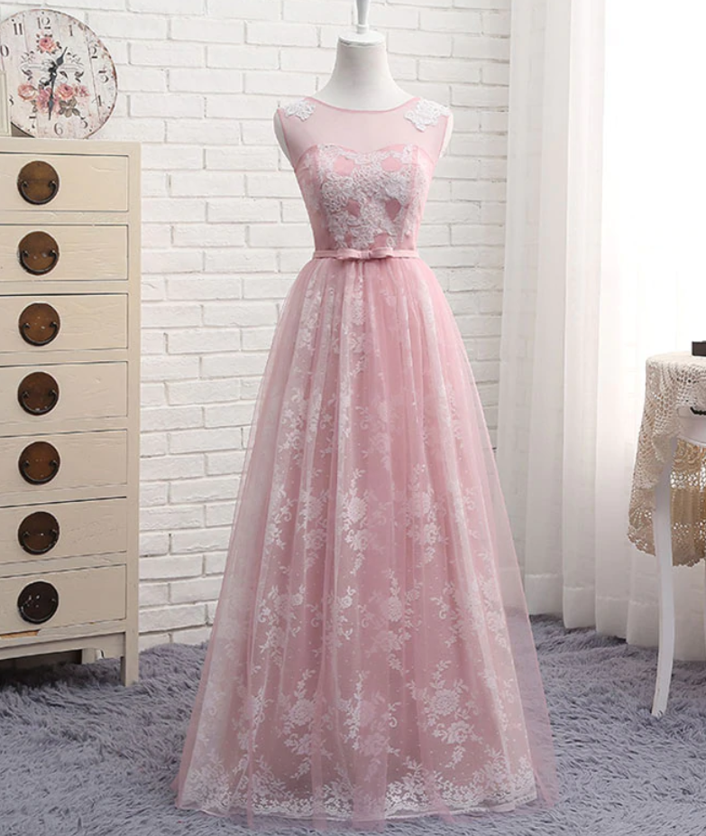 Prom Dresses, A Line Round Neck Lace Tulle Long Prom Dress, Lace Evening Dress