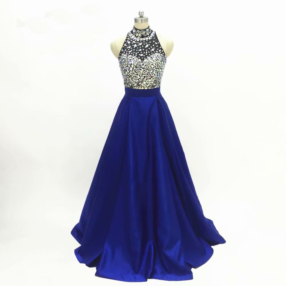 Royal Blue Crystal Beaded Prom Dresses Fashion A-line Chiffon Evening Gowns Formal Imported Party Dress