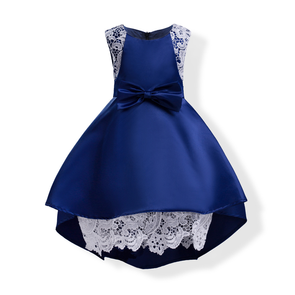 High Low Navy Blue Flower Girl Dresses For Party And Wedding,elegant Front Short And Long Back Satin Girl Dresses