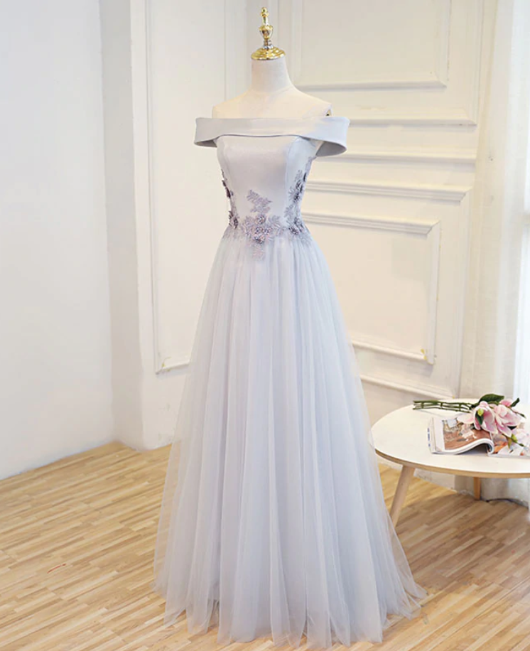 Prom Dresses A Line Off Shoulder Floor Length Prom Dress, Lace Evening Dress