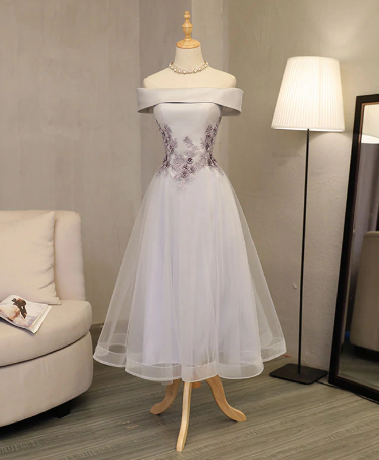 Homecoming Dresses A Line Off Shoulder Tea Length Prom Dress, Lace Evening Dress