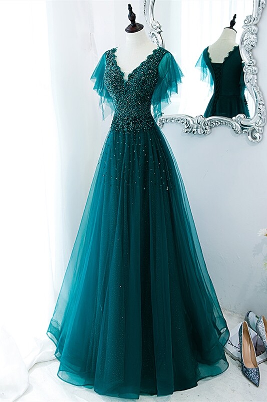 open lace back dress Blue Sequined Mermaid Layers Flutter Sleeves Long Prom Dress with Slit Blue / US 8
